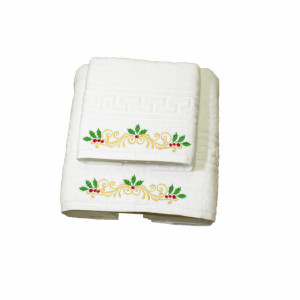 Set 2 Prosoape baie Brodate, Model Craciun 2, Prosoape HOTEL, bumbac 100%, alb, 70x140cm+50x90cm-680gr/mp