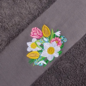 Set 2 Prosoape baie Brodate Alb/Gri cu broderie color, Model Floral2, bumbac 100% - Img 4