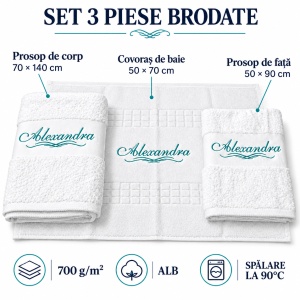 Set cadou 3 piese pentru baie, albe, cu broderie „Alexandra” – prosoape 700 g/m²