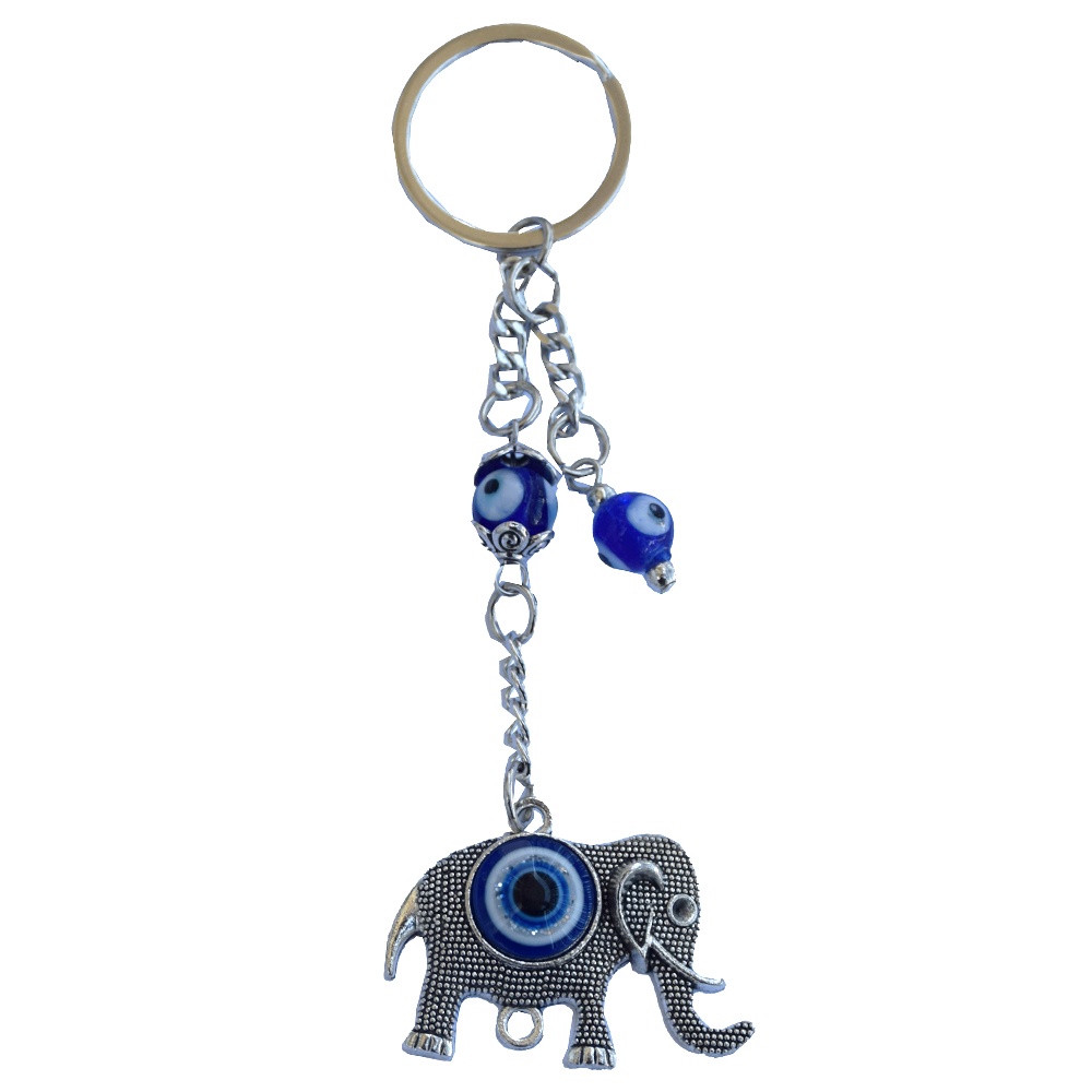 Amuleta Feng Shui tip breloc pentru protectie si noroc, model elefant si ochiul lui Horus, argintiu