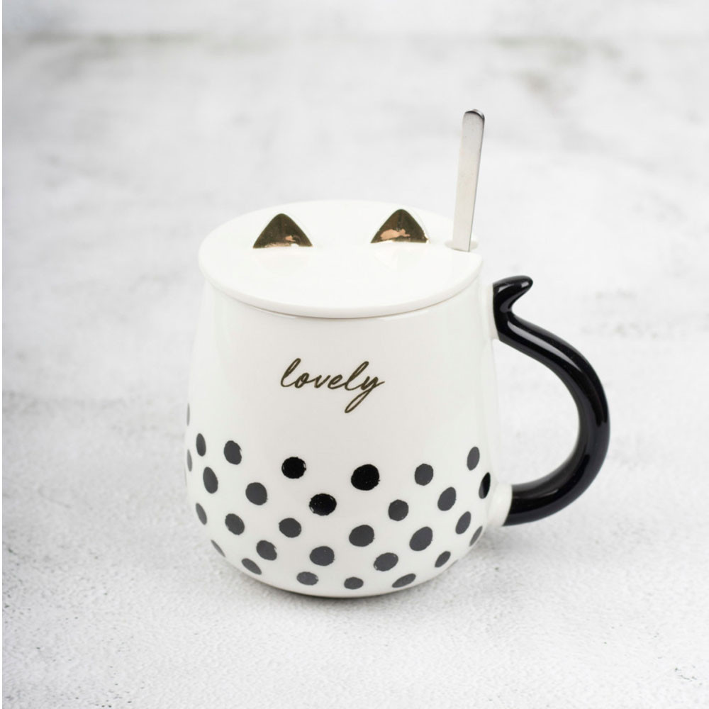 Cana ceramica cu capac si lingurita Pufo Lovely pentru cafea sau ceai, 450 ml, alb - 2 | YEO