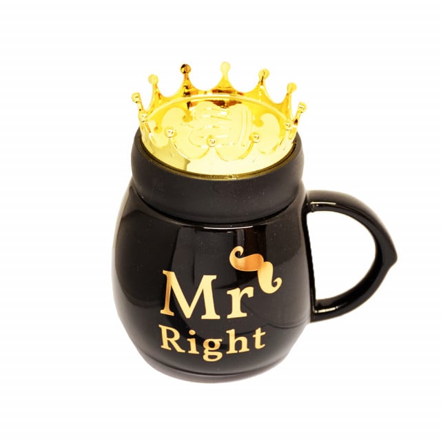 Cana cu capac din ceramica Pufo Mr Right, pentru cafea sau ceai, 500 ml, negru