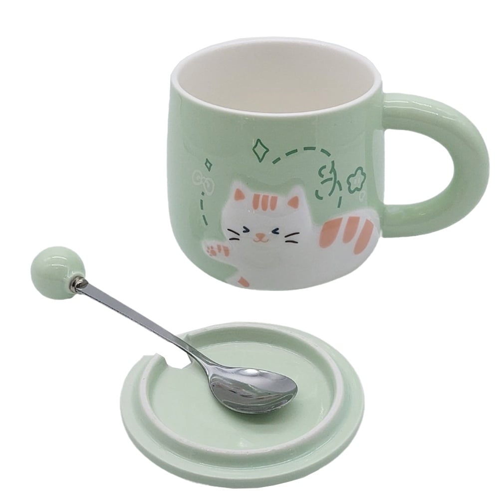 Cana cu capac din ceramica si lingurita Pufo Happy Kitty pentru cafea sau ceai, 350 ml, verde - 1 | YEO