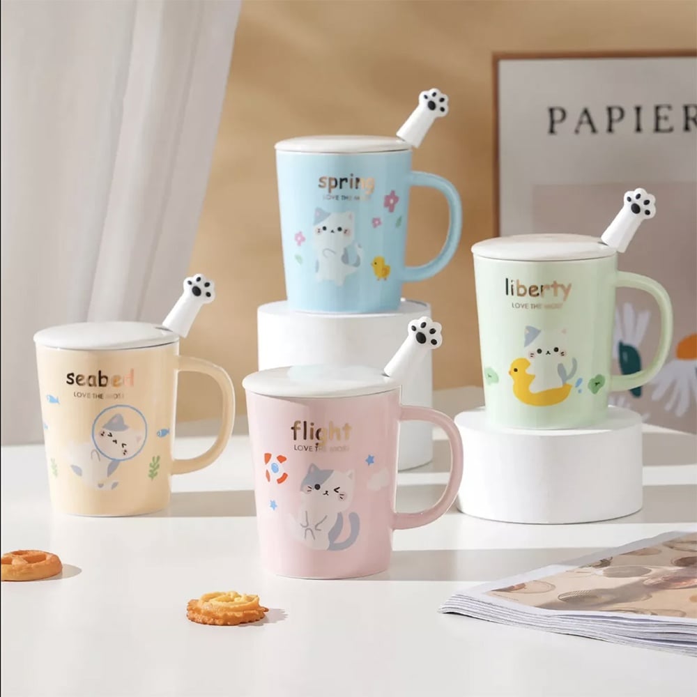 Cana cu capac din ceramica si lingurita Pufo Love Kitty pentru cafea sau ceai, 250 ml, roz - 2 | YEO