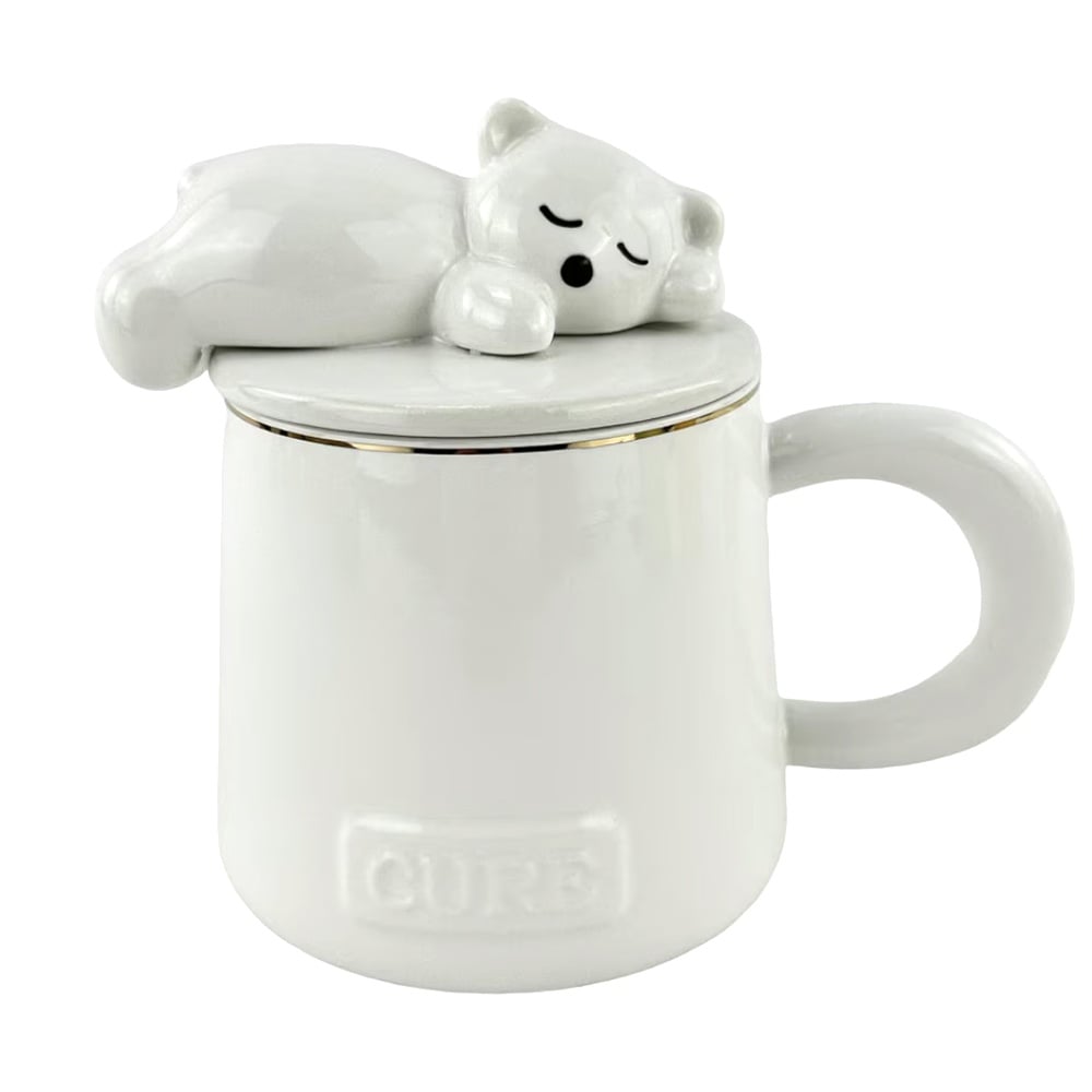 Cana cu capac din ceramica si lingurita Pufo Sleepy Bear pentru cafea sau ceai, 320 ml, alb