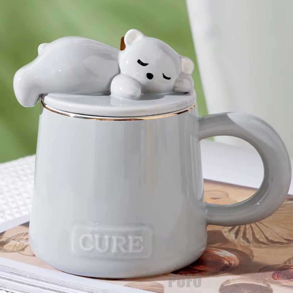 Cana cu capac din ceramica si lingurita Pufo Sleepy Bear pentru cafea sau ceai, 320 ml, gri - 3 | YEO