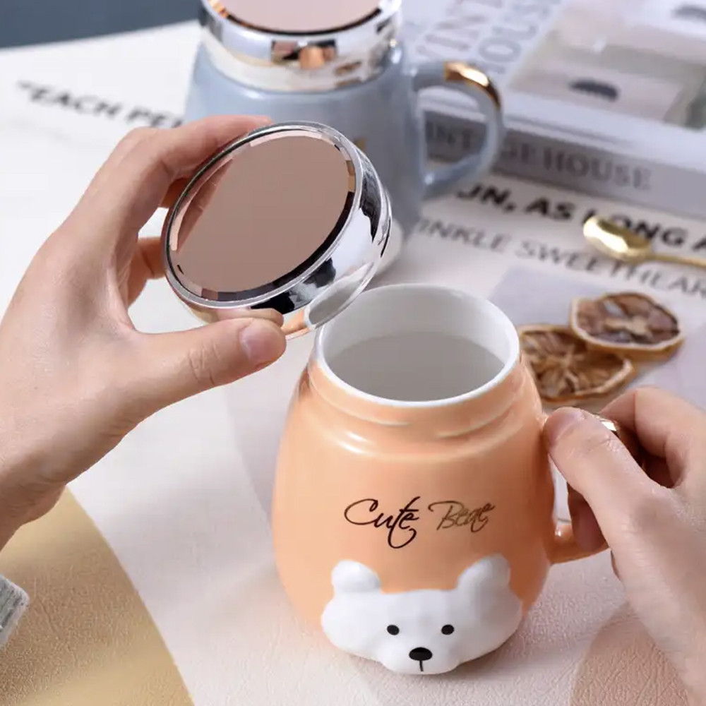 Cana din ceramica cu capac Pufo Cute Bear pentru cafea sau ceai, 350 ml, portocaliu - 1 | YEO