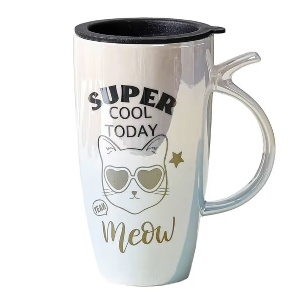 Cana inalta din ceramica cu capac Pufo Cool Today, pentru cafea sau ceai, 450 ml