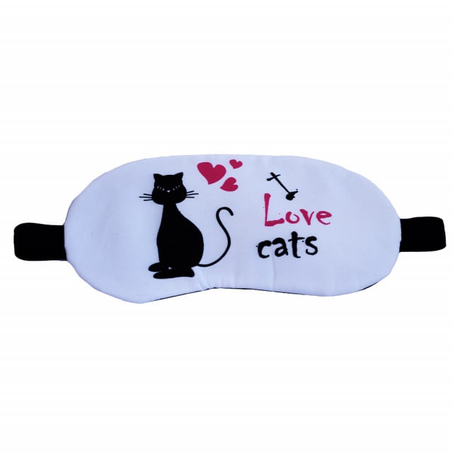 Masca pentru dormit sau calatorie, cu gel detasabil, Pufo Cat lover, 20 cm, alb