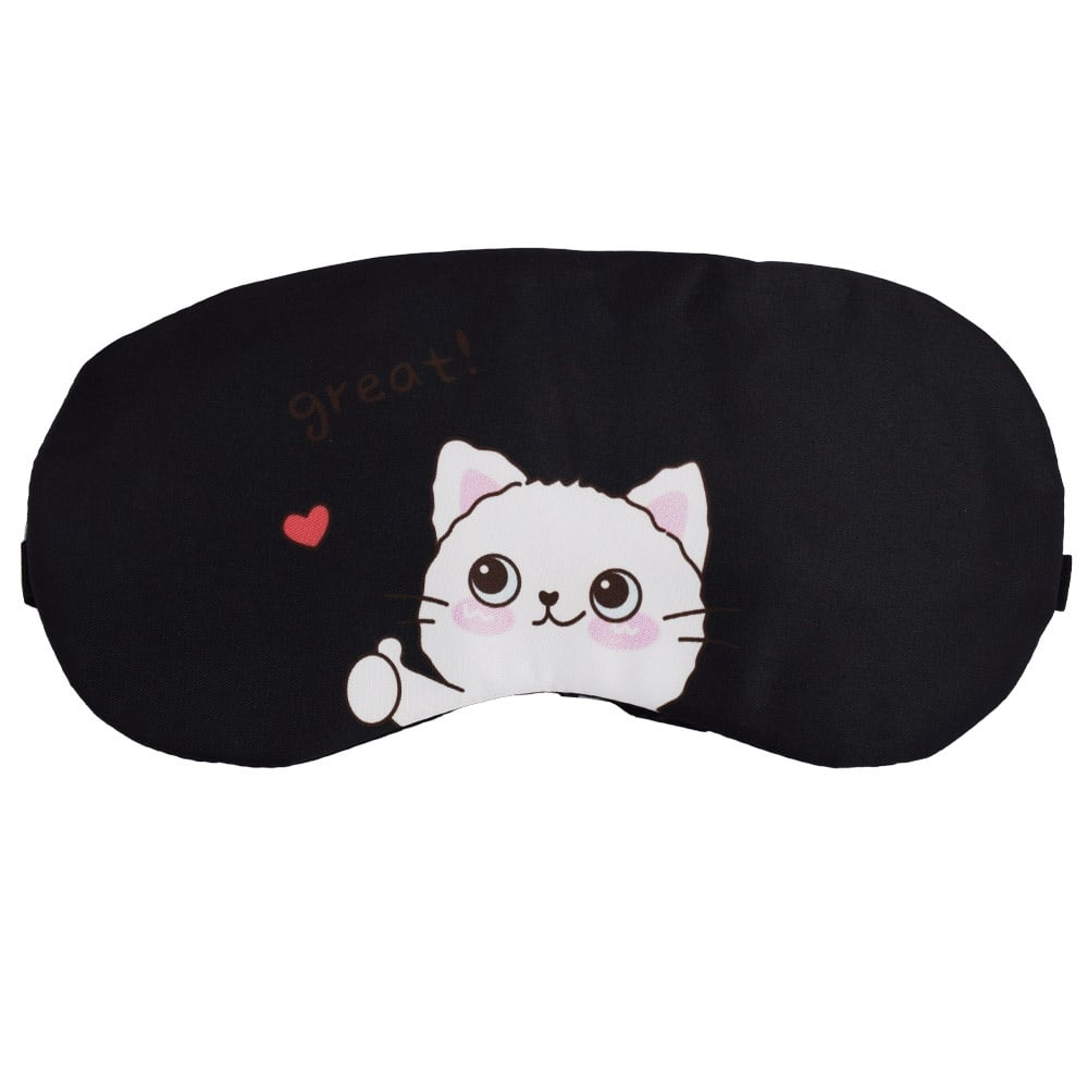 Masca pentru dormit sau calatorie, cu gel detasabil, Pufo Love Kitty, 19 cm, negru