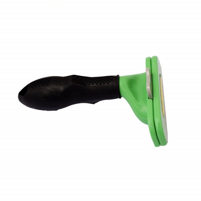 Perie toaletare caini si pisici, cu par lung si greutatea 23-40 kg, buton de curatare lama si maner ergonomic, pentru descalcire blana si tuns, verde - 1 | YEO