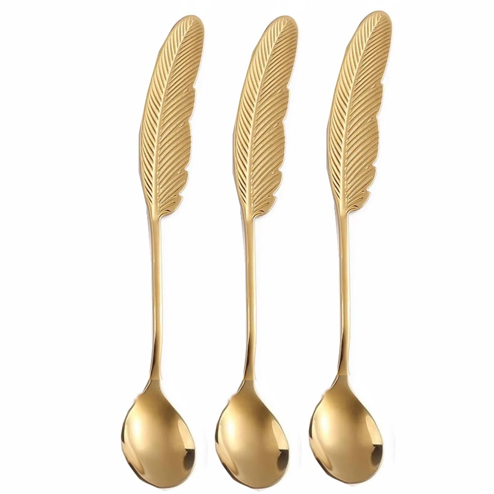 Set 3 lingurite Pufo Feather pentru cafea, ceai, desert, otel, maner in forma de pana, auriu, 15.5cm