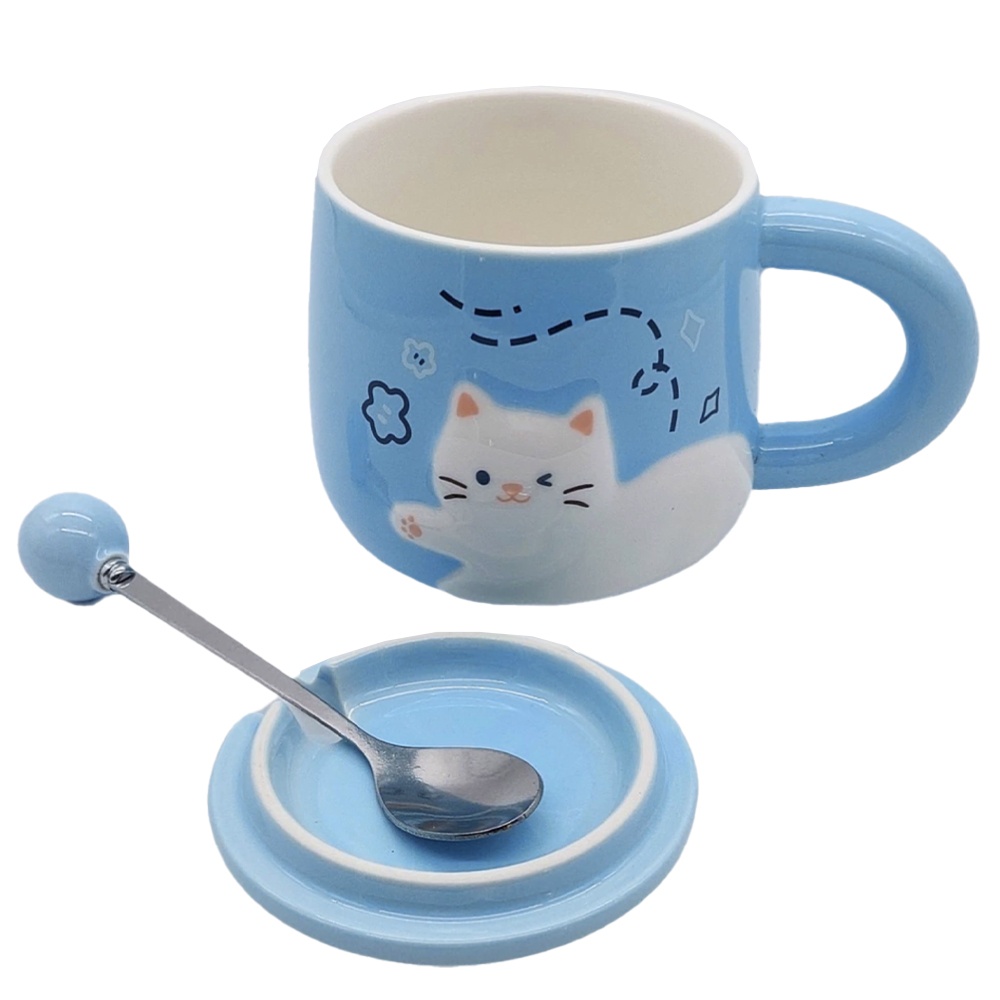 Cana cu capac din ceramica si lingurita Pufo Happy Kitty pentru cafea sau ceai, 350 ml, albastru - 2 | YEO