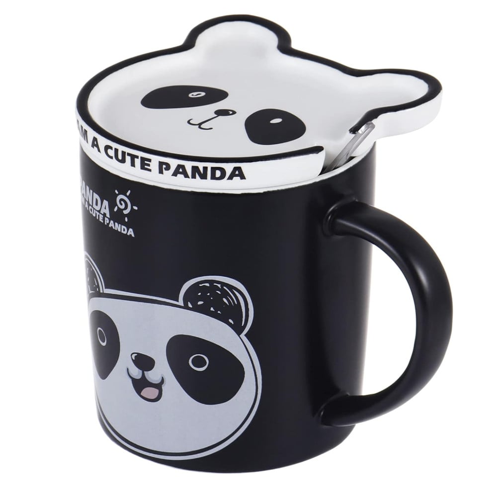 Cana cu capac din ceramica si lingurita Pufo Happy Panda pentru cafea sau ceai, 300 ml