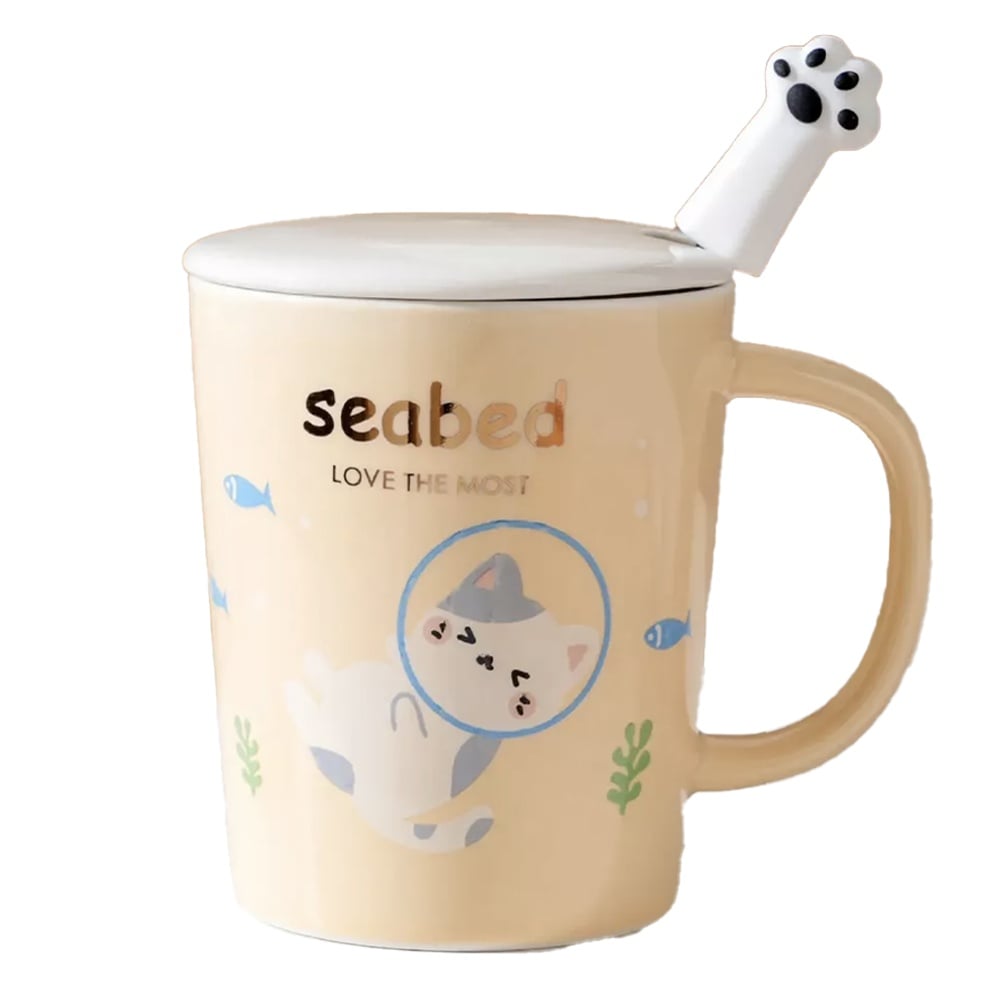 Cana cu capac din ceramica si lingurita Pufo Love Kitty pentru cafea sau ceai, 250 ml, galben