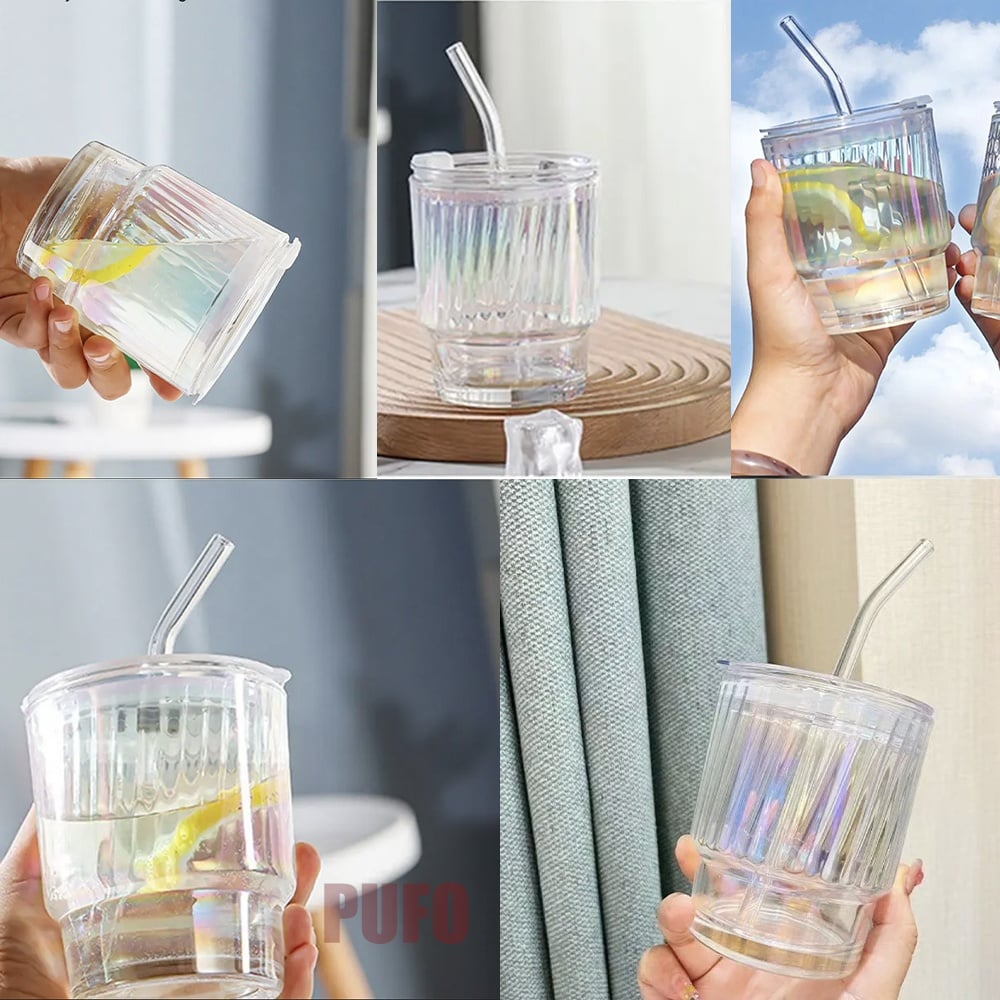 Cana de voiaj Pufo Rainbow Line din sticla pentru cafea sau ceai, 350 ml, transparent - 2 | YEO