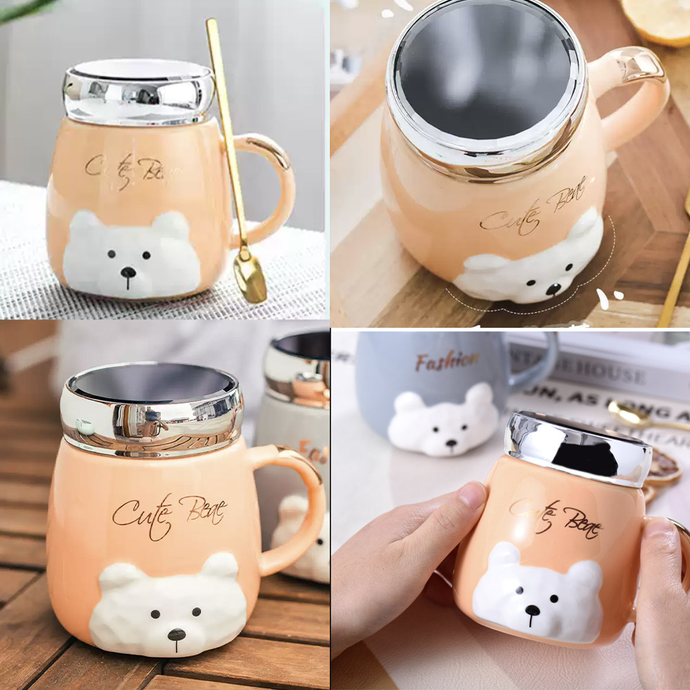 Cana din ceramica cu capac Pufo Cute Bear pentru cafea sau ceai, 350 ml, portocaliu - 2 | YEO