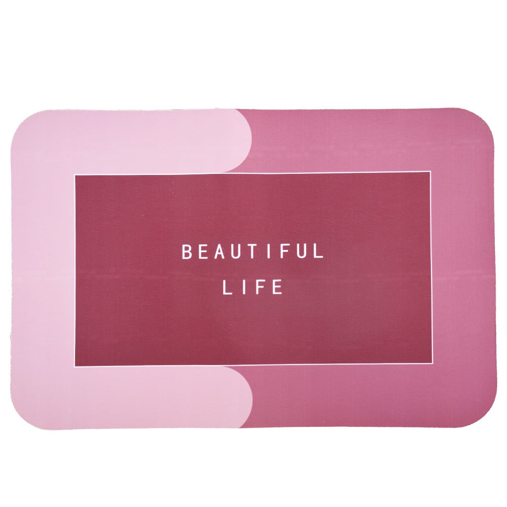 Covoras pentru baie antiderapant Pufo Life is Beautiful, 58 x 38 cm, roz