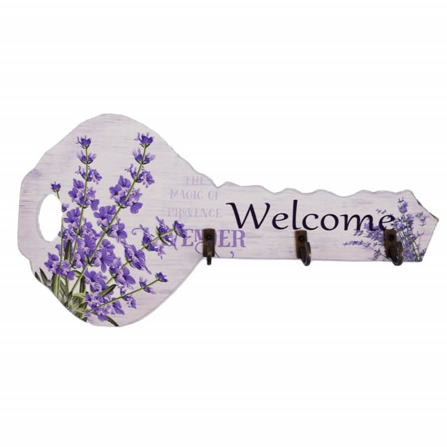 Cuier decorativ suport din lemn Pufo Sweet Welcome pentru chei, in forma de cheie, 24 cm