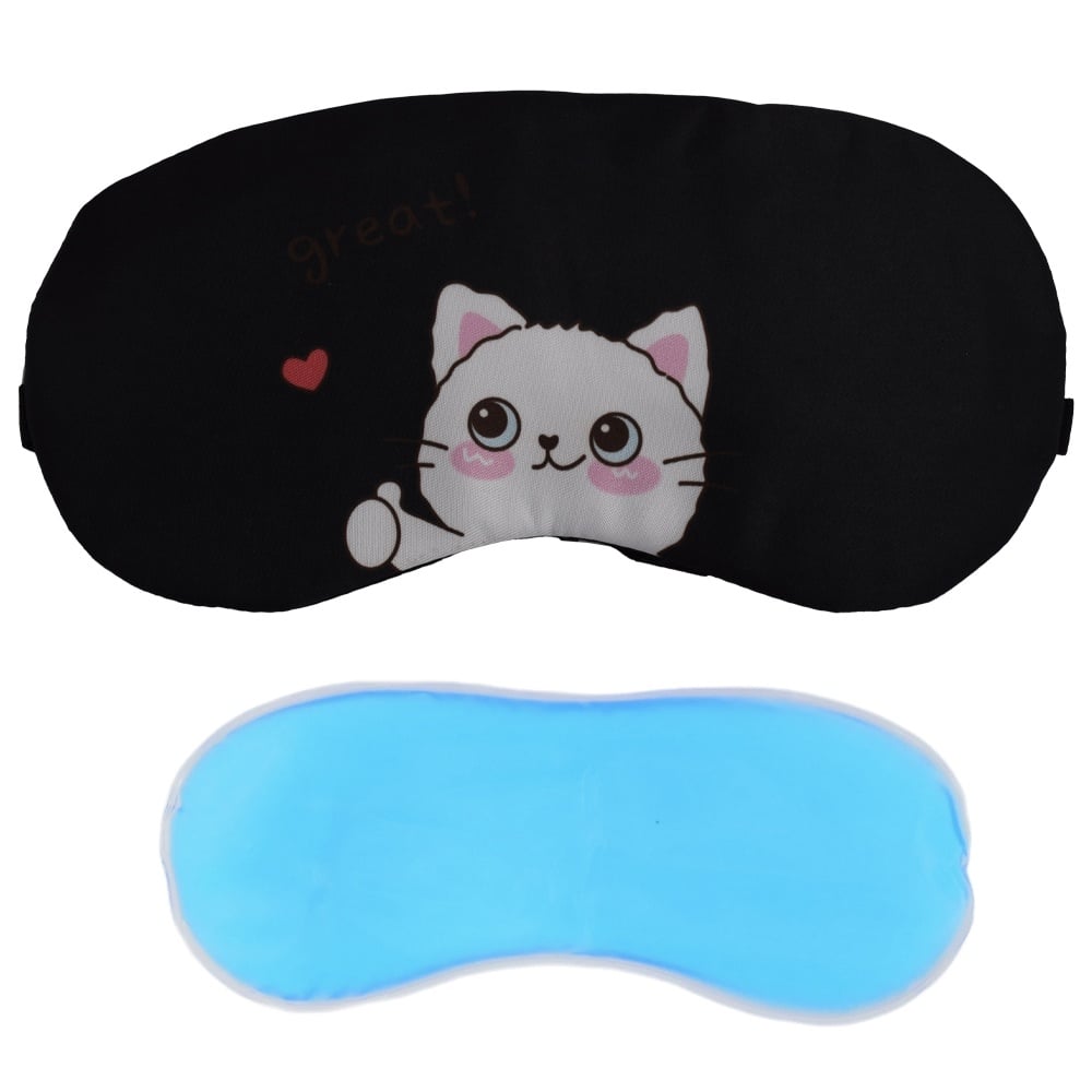 Masca pentru dormit sau calatorie, cu gel detasabil, Pufo Love Kitty, 19 cm, negru - 1 | YEO