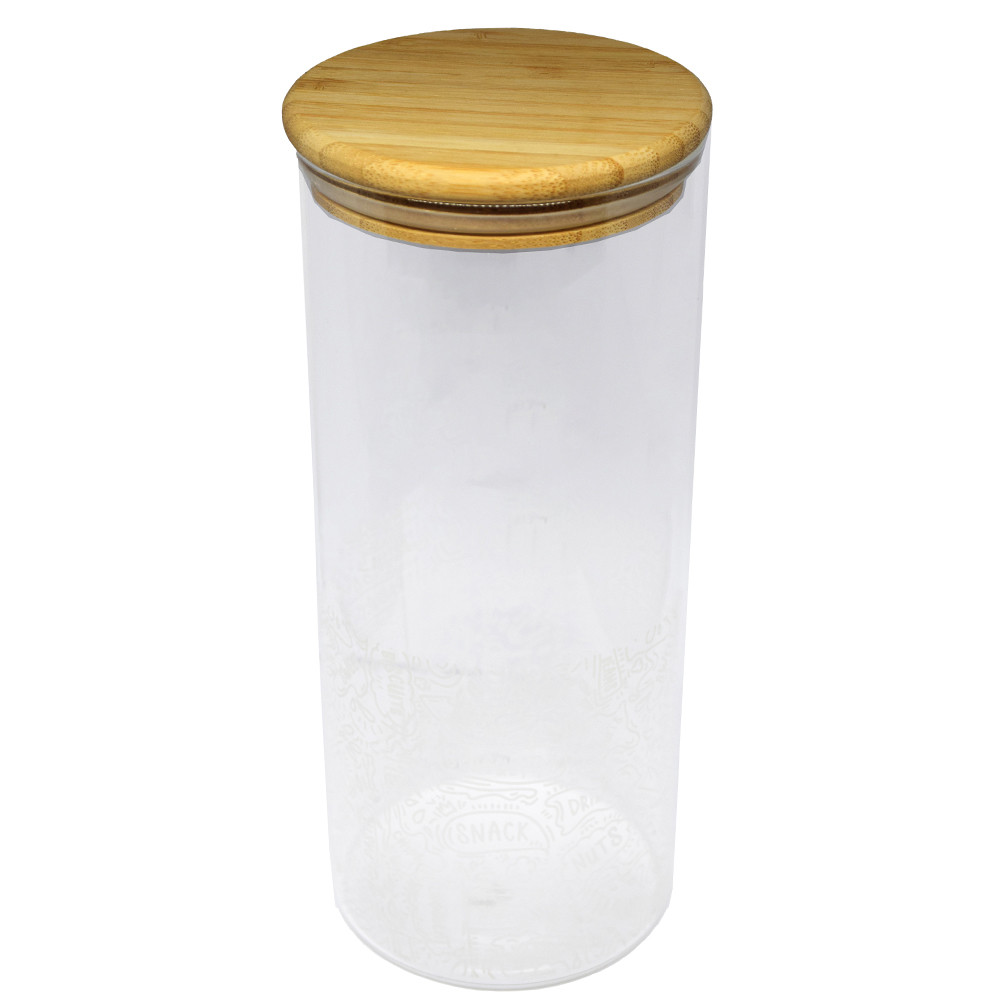 Recipient din sticla borosilicata Pufo Taste pentru zahar, cafea, ceai sau condimente, cu capac ermetic din bambus, 1.4L