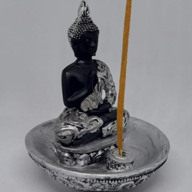 Statueta decorativa Buddha cu suport pentru betisoare parfumate, 11 cm, argintiu/negru - 1 | YEO