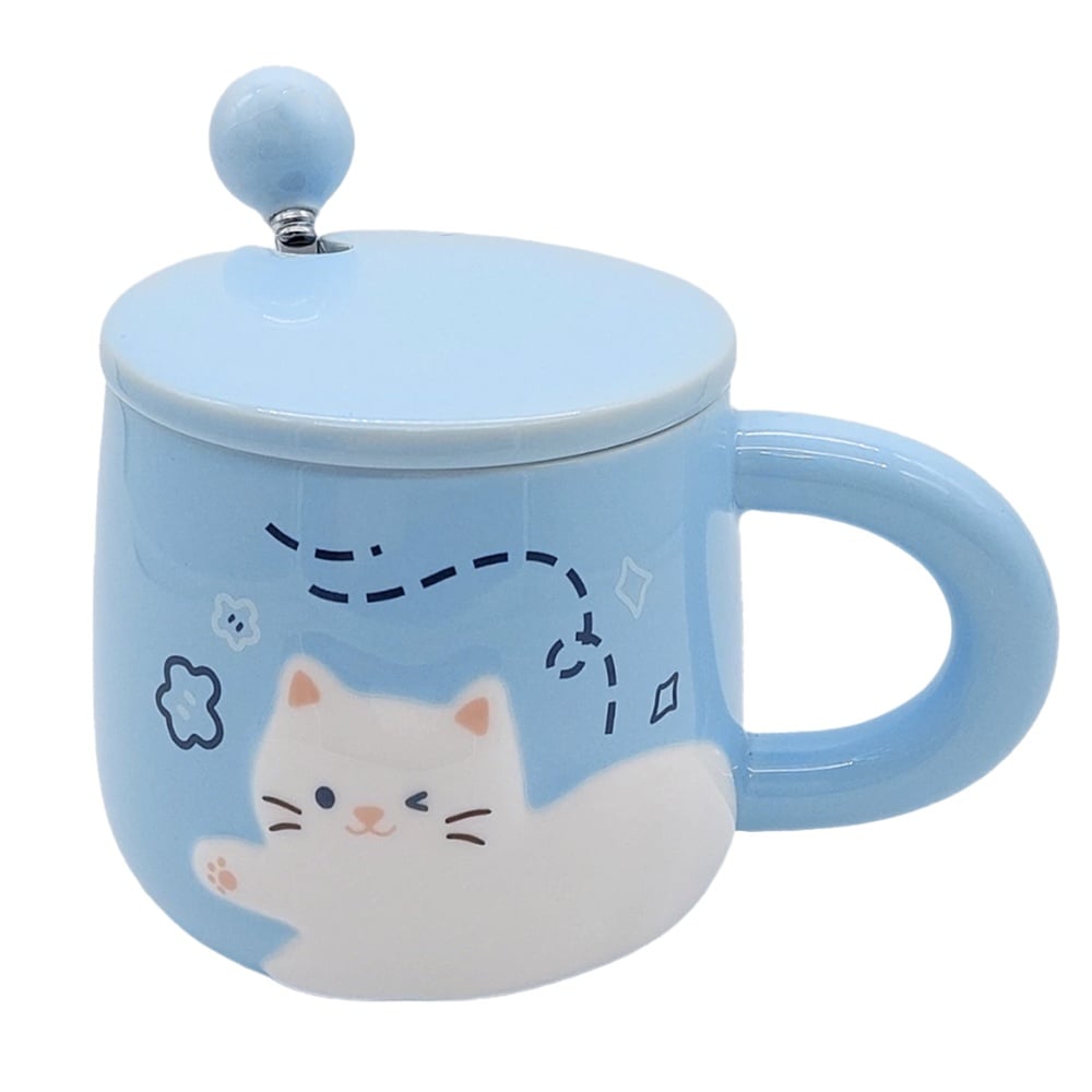 Cana cu capac din ceramica si lingurita Pufo Happy Kitty pentru cafea sau ceai, 350 ml, albastru