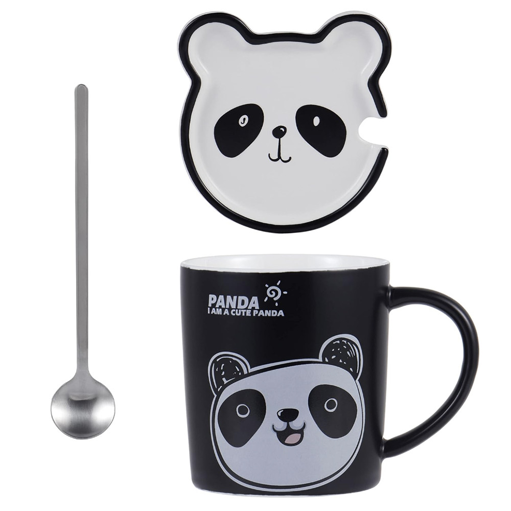 Cana cu capac din ceramica si lingurita Pufo Happy Panda pentru cafea sau ceai, 300 ml - 1 | YEO