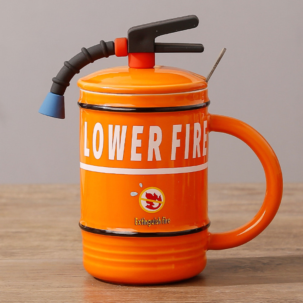 Cana cu capac din ceramica si lingurita Pufo Stop Fire pentru cafea sau ceai, 400 ml, portocaliu - 3 | YEO