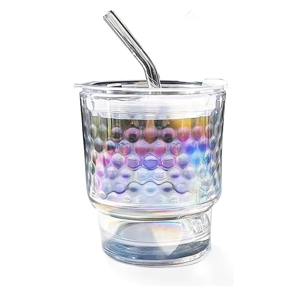 Cana de voiaj Pufo Rainbow Bubble din sticla pentru cafea sau ceai, 350 ml, transparent