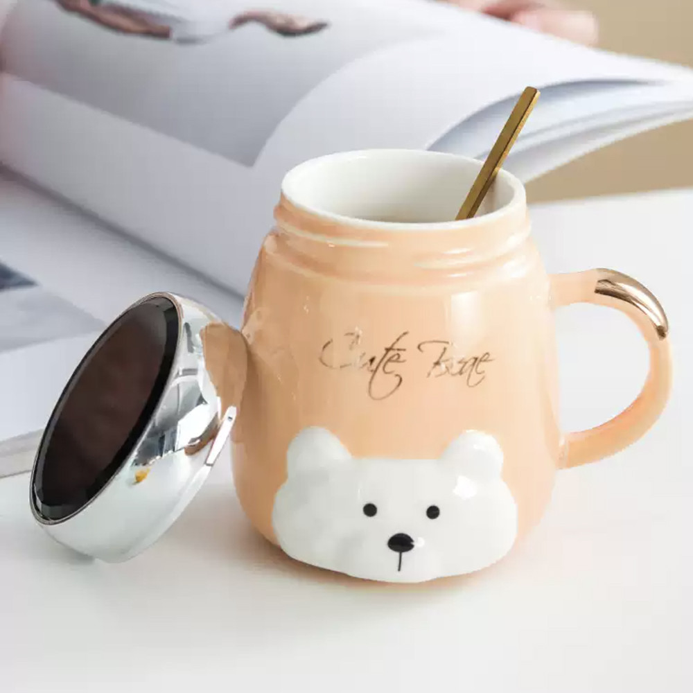 Cana din ceramica cu capac Pufo Cute Bear pentru cafea sau ceai, 350 ml, portocaliu - 3 | YEO