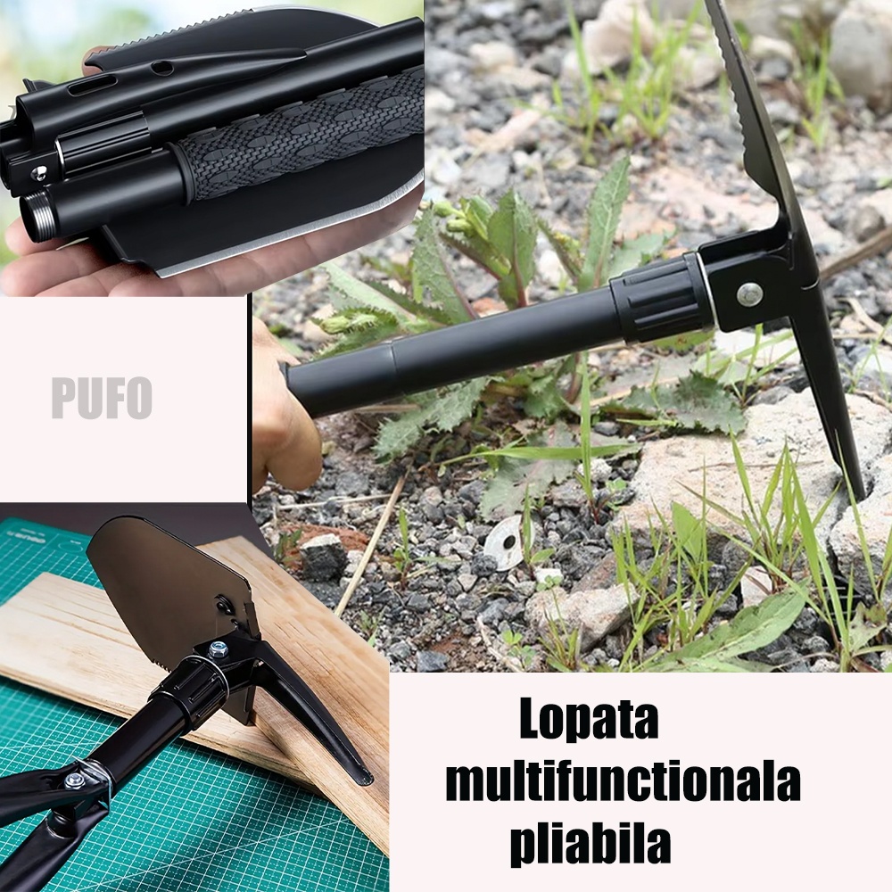 Lopata multifunctionala pliabila Pufo Army pentru camping, pescuit, 40 cm, negru - 1 | YEO