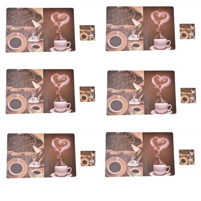 Set suport pahar si farfurie pentru servirea mesei, model Pufo Love Coffee, 6 bucati