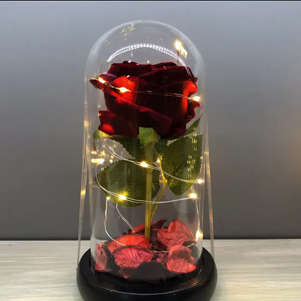 Trandafir in cupola de sticla Pufo Sparkle Rose, decorat cu lumini LED, 21 cm, visiniu - 1 | YEO