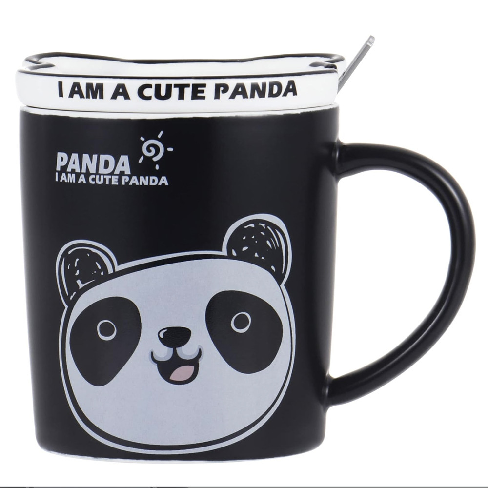 Cana cu capac din ceramica si lingurita Pufo Happy Panda pentru cafea sau ceai, 300 ml - 2 | YEO