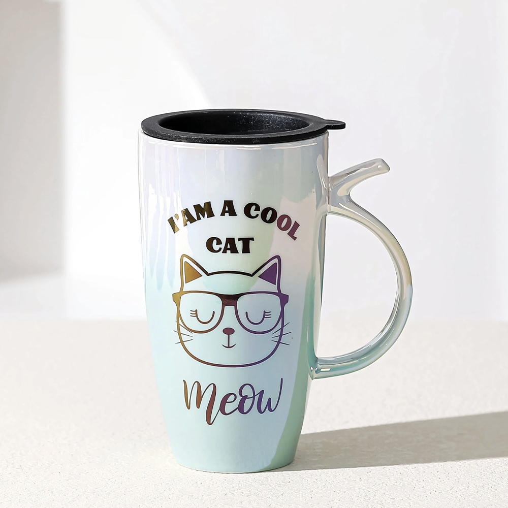 Cana inalta din ceramica cu capac Pufo Cool Cat, pentru cafea sau ceai, 450 ml - 1 | YEO