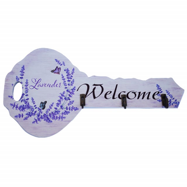 Cuier decorativ suport din lemn Pufo Lavender pentru chei, in forma de cheie, 24 cm