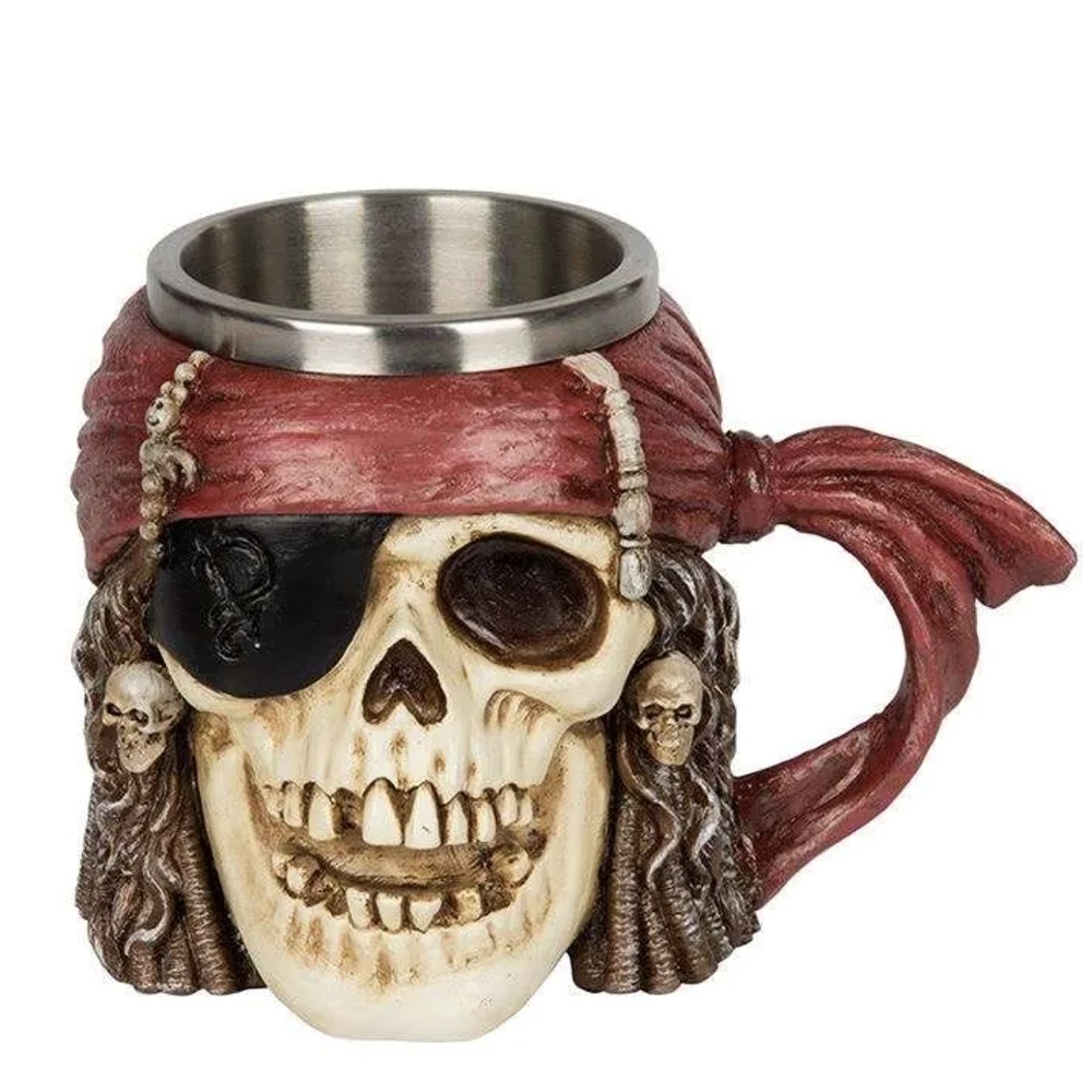 Halba de bere metalica Pufo Crazy Pirate in forma de craniu, 380 ml