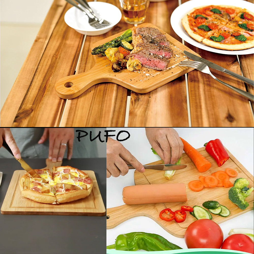 Platou Pufo din lemn de bambus cu maner pentru servire alimente, aperitive, pizza, 32 x 20 cm, maro - 2 | YEO