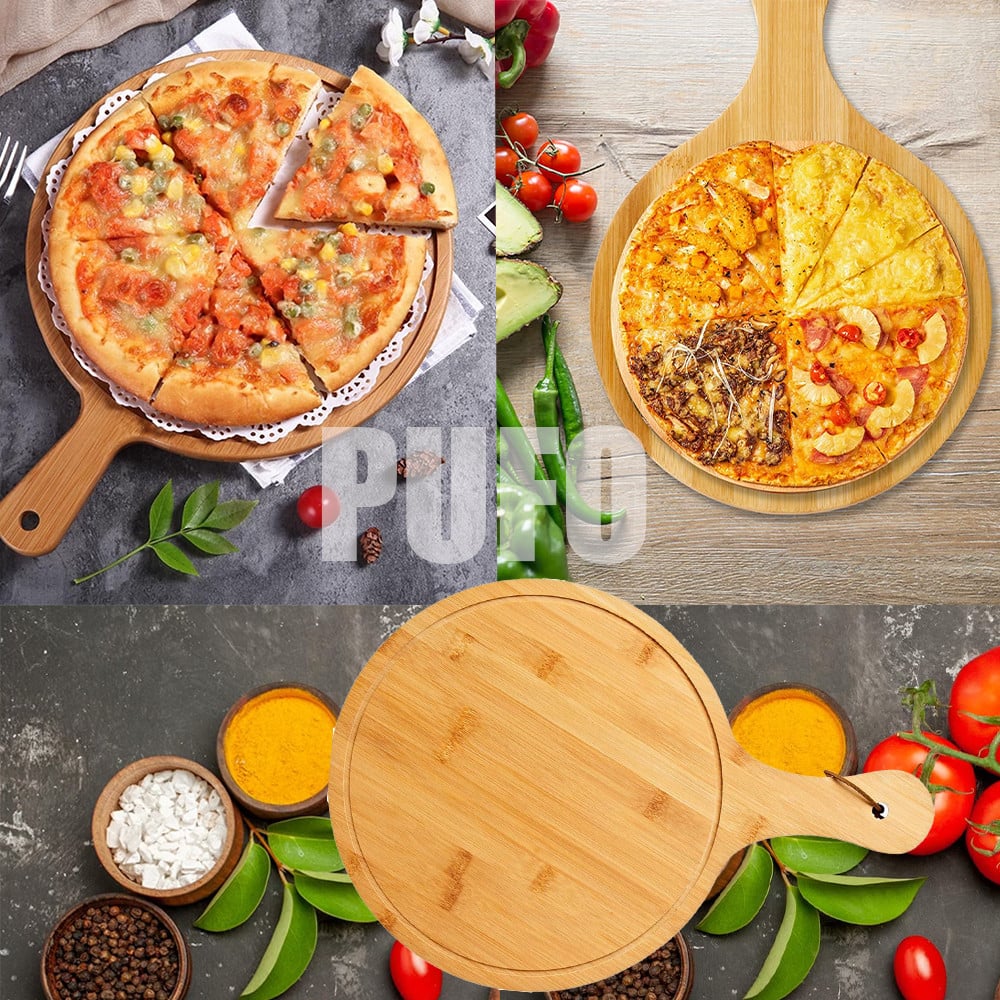 Platou rotund mare Pufo din lemn de bambus cu maner pentru servire alimente, aperitive, pizza, 50 cm, maro - 3 | YEO