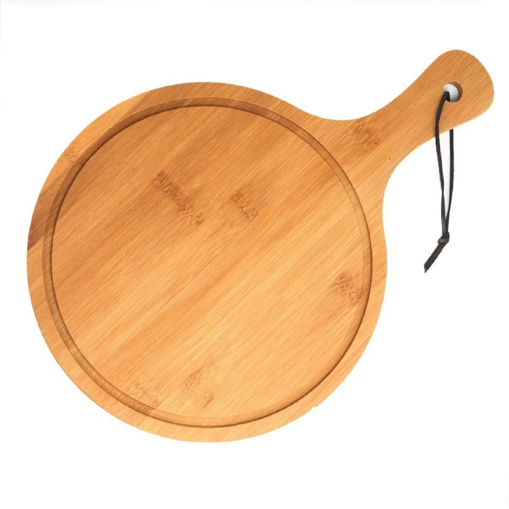 Platou rotund Pufo din lemn de bambus cu maner pentru servire alimente, aperitive, pizza, 44 cm, maro