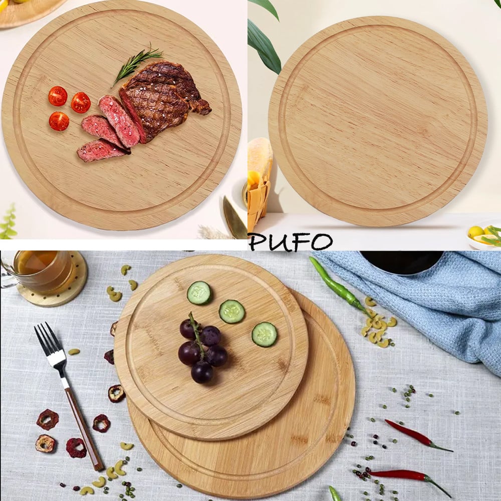 Platou rotund Pufo din lemn de bambus pentru servire alimente, aperitive, dulciuri, pizza, 28 cm, maro - 2 | YEO