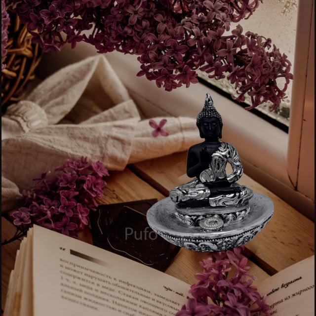 Statueta decorativa Buddha cu suport pentru betisoare parfumate, 11 cm, argintiu/negru - 3 | YEO