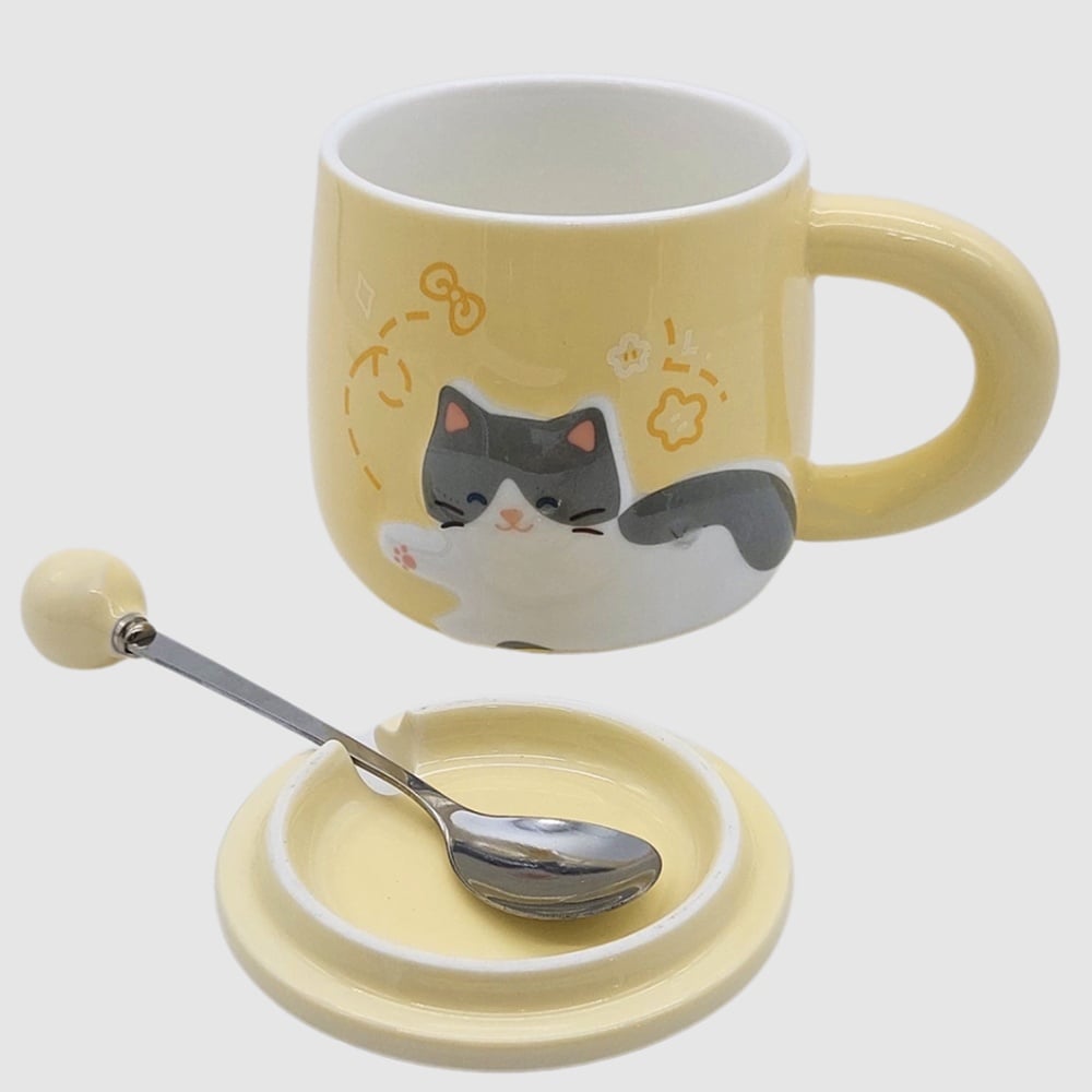 Cana cu capac din ceramica si lingurita Pufo Happy Kitty pentru cafea sau ceai, 350 ml, galben - 2 | YEO