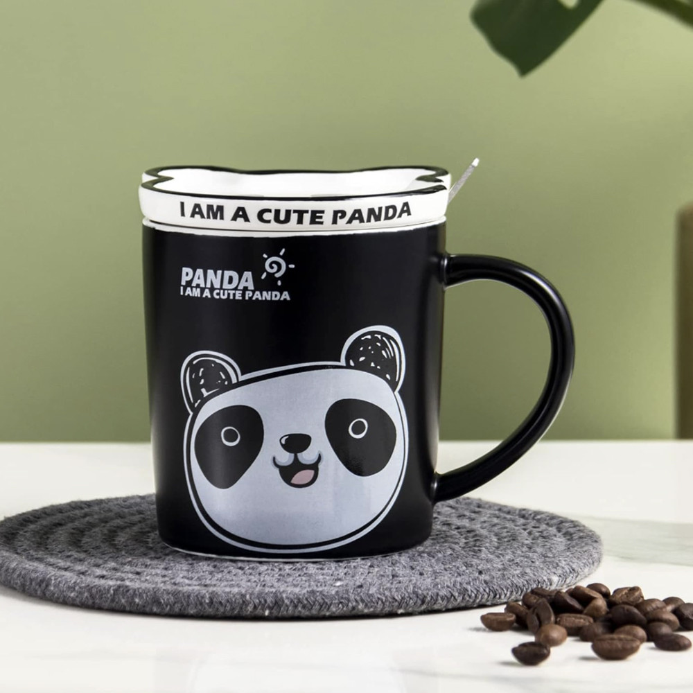 Cana cu capac din ceramica si lingurita Pufo Happy Panda pentru cafea sau ceai, 300 ml - 3 | YEO