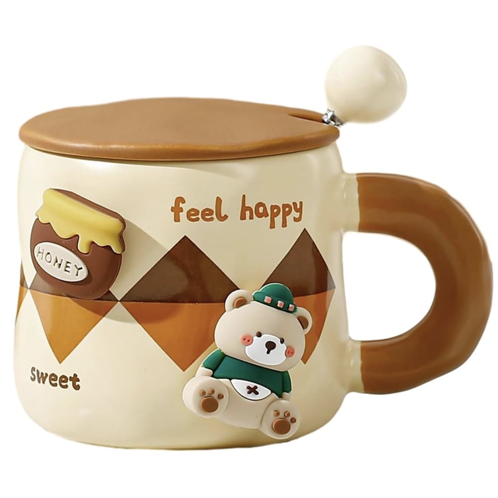 Cana cu capac din ceramica si lingurita Pufo Little Bear pentru cafea sau ceai, 350 ml