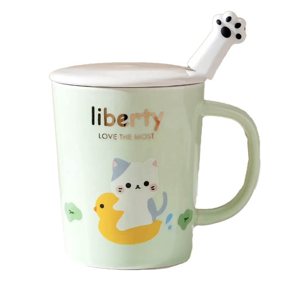 Cana cu capac din ceramica si lingurita Pufo Love Kitty pentru cafea sau ceai, 250 ml, verde