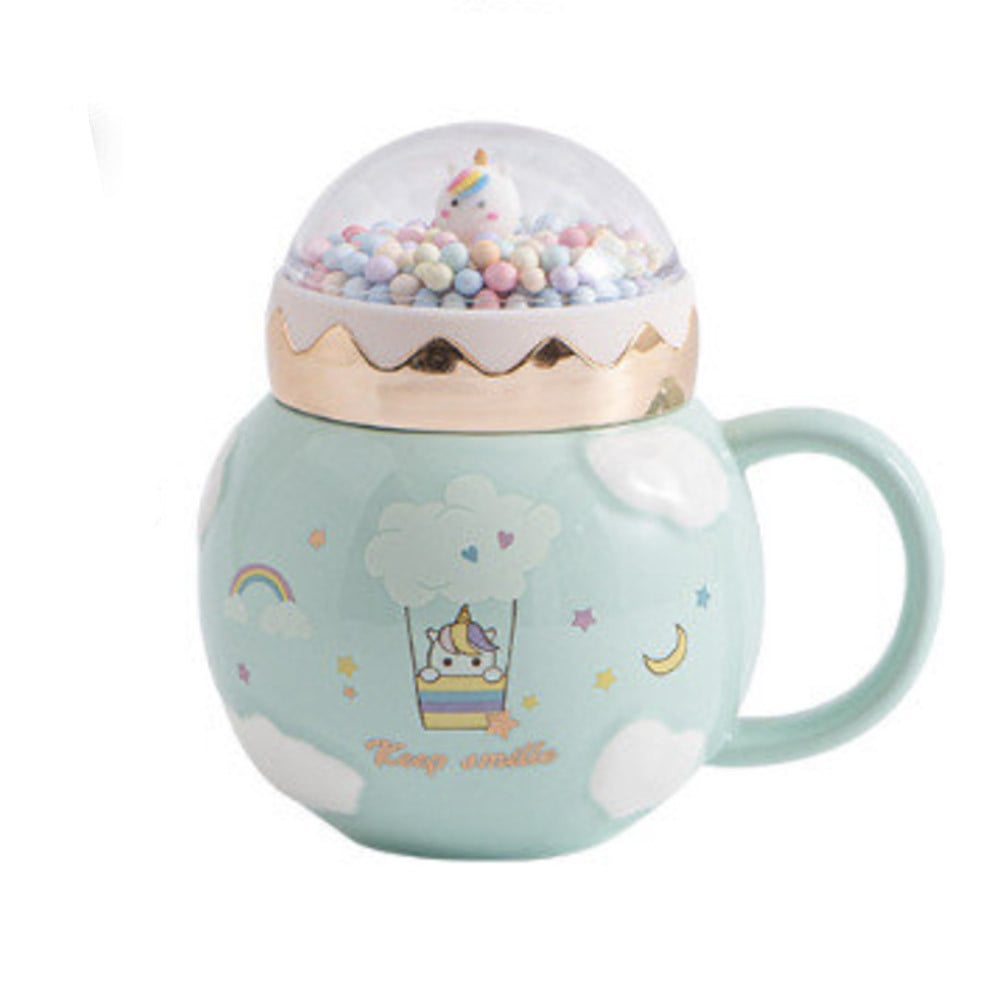 Cana din ceramica cu capac Pufo Unicorn World pentru cafea sau ceai, 400 ml, verde