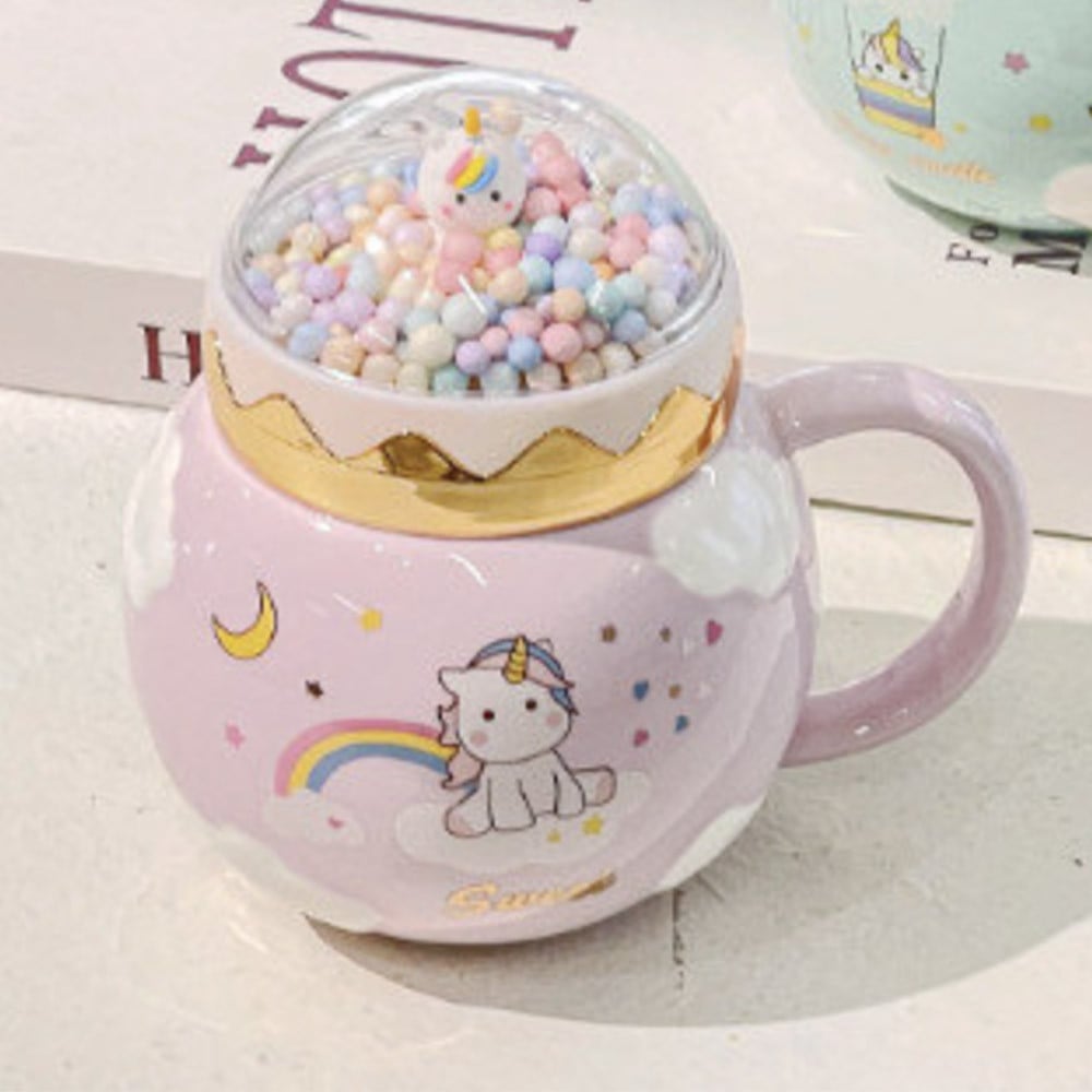 Cana din ceramica cu capac Pufo Unicorn World pentru cafea sau ceai, 400 ml, mov - 2 | YEO