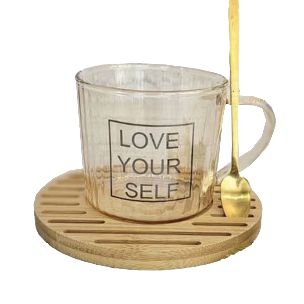 Cana din sticla cu suport din lemn de bambus si lingurita Pufo Love Yourself pentru cafea sau ceai, 200 ml